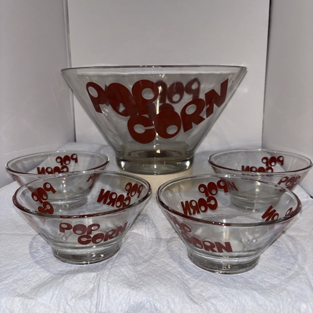 Vintage Wheaton Glass 5 Piece Popcorn Serving Bowl Set Red Typography EUC